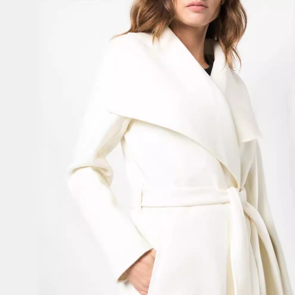 Women's Tailored Wrap Coat in Kimono Look with Wide Shawl Collar and Ties Belt Chichicherry