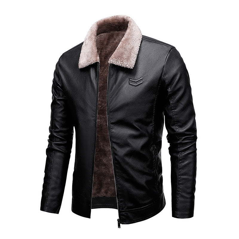 Men's Faux Leather Bomber Jacket with Warming Sherpa Lining and Revere Collar Chichicherry