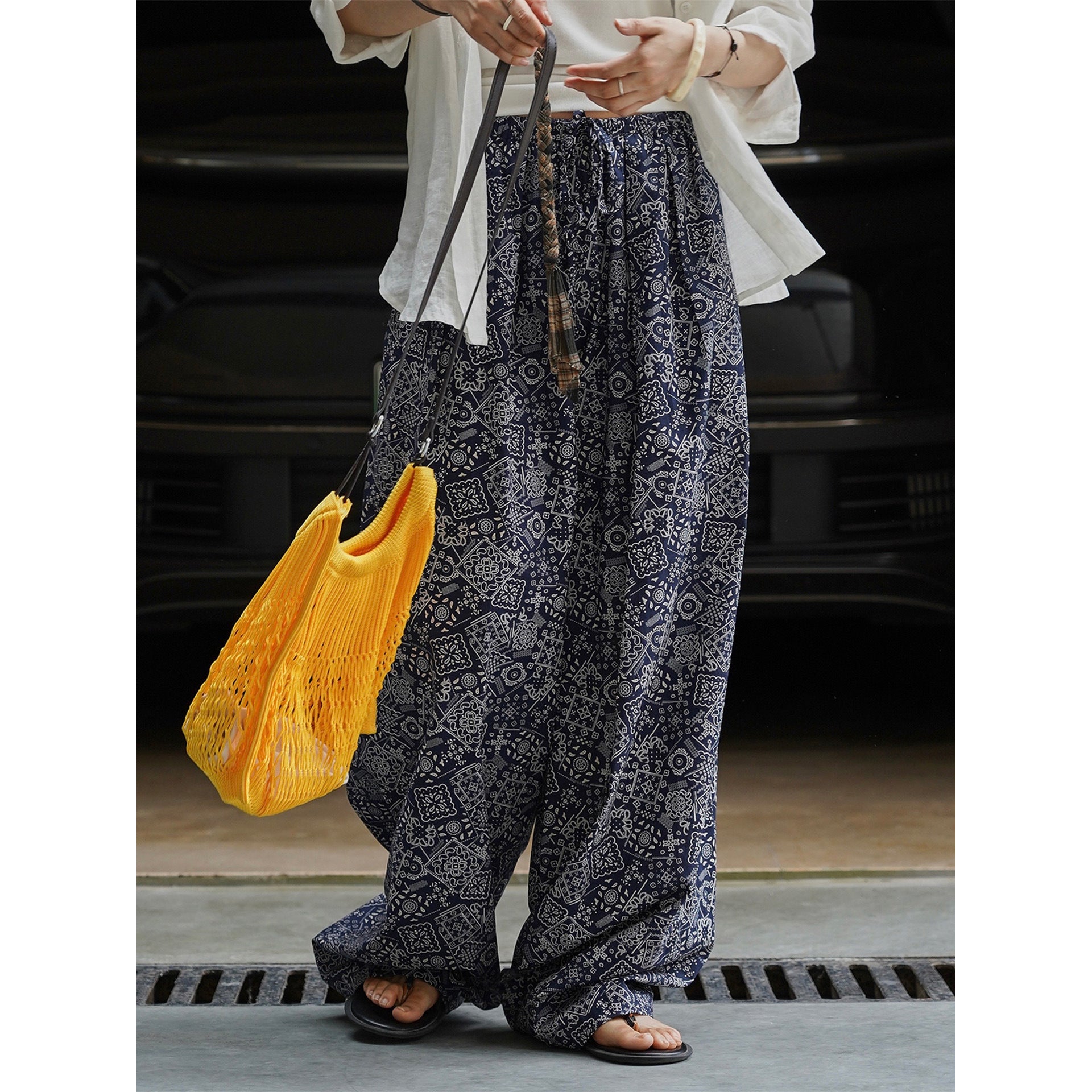 Women's Wide Lightweight Palazzo Pants with Elastic Drawstring Waistband and Tile Print Chichicherry