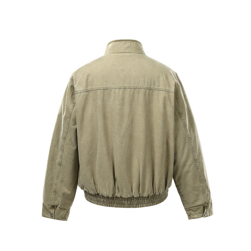 Men's Short Boxy Utility Bomber Jacket made of Canvas with Quilted Front Yoke and Stand-Up Collar Chichicherry