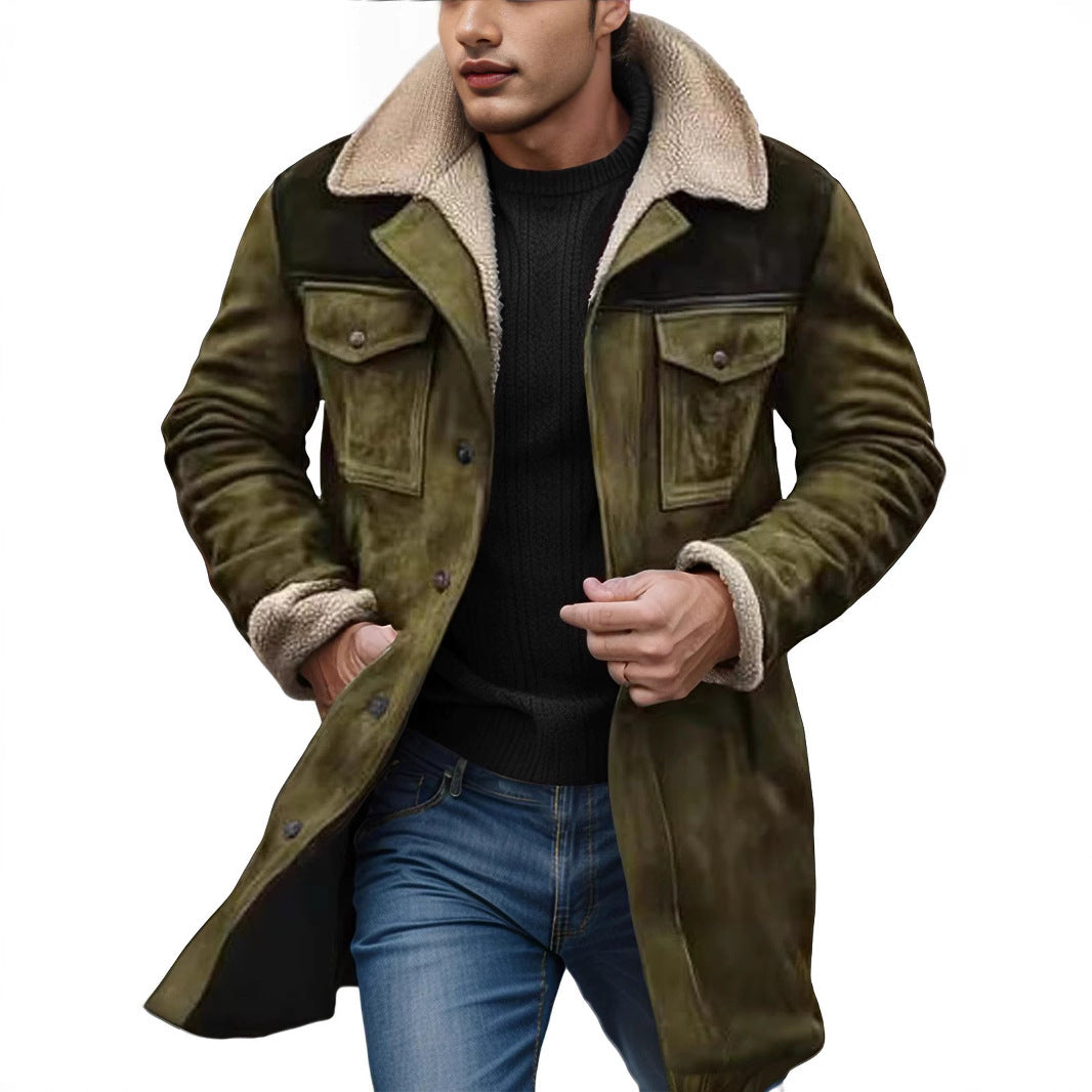 Men's Long Suede Coat with Teddy Lining and Flap Pockets Chichicherry