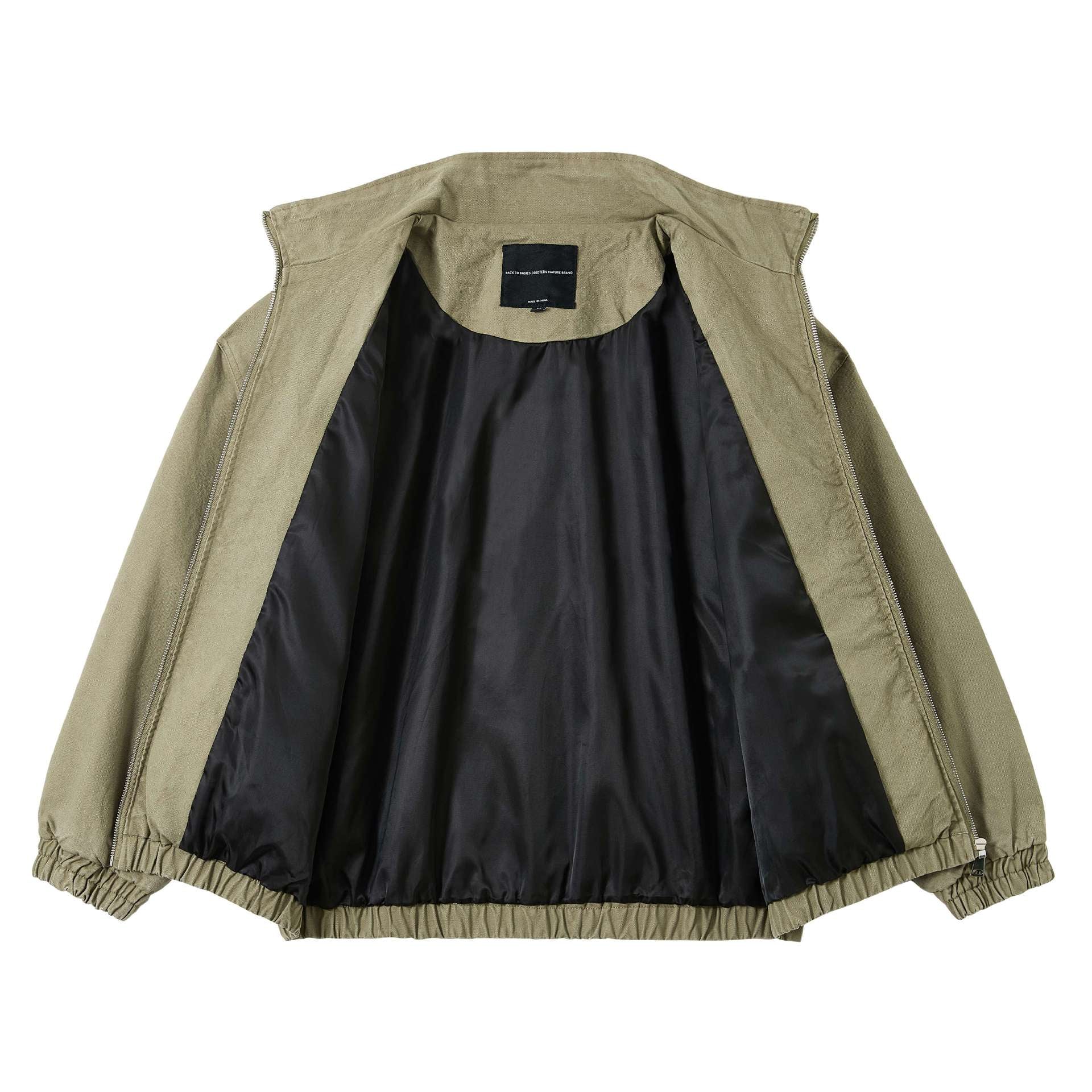 Unisex Short Canvas Field Jacket in Utility Look with High Stand Collar and Elastic Hem Chichicherry