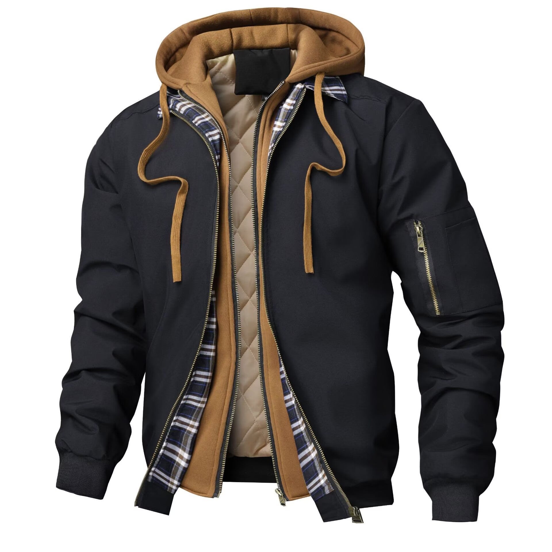 Men's Layered Bomber Jacket with Hood Inlay, Quilted Inner Vest and Arm Pocket Chichicherry