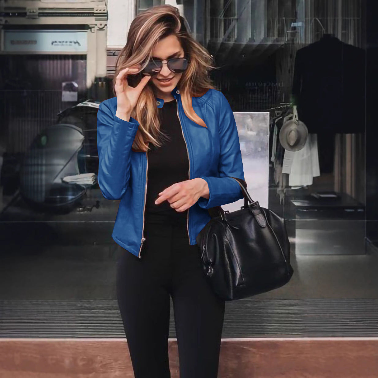 Ladies fitted faux leather biker jacket with stand-up collar and decorative seams Chichicherry