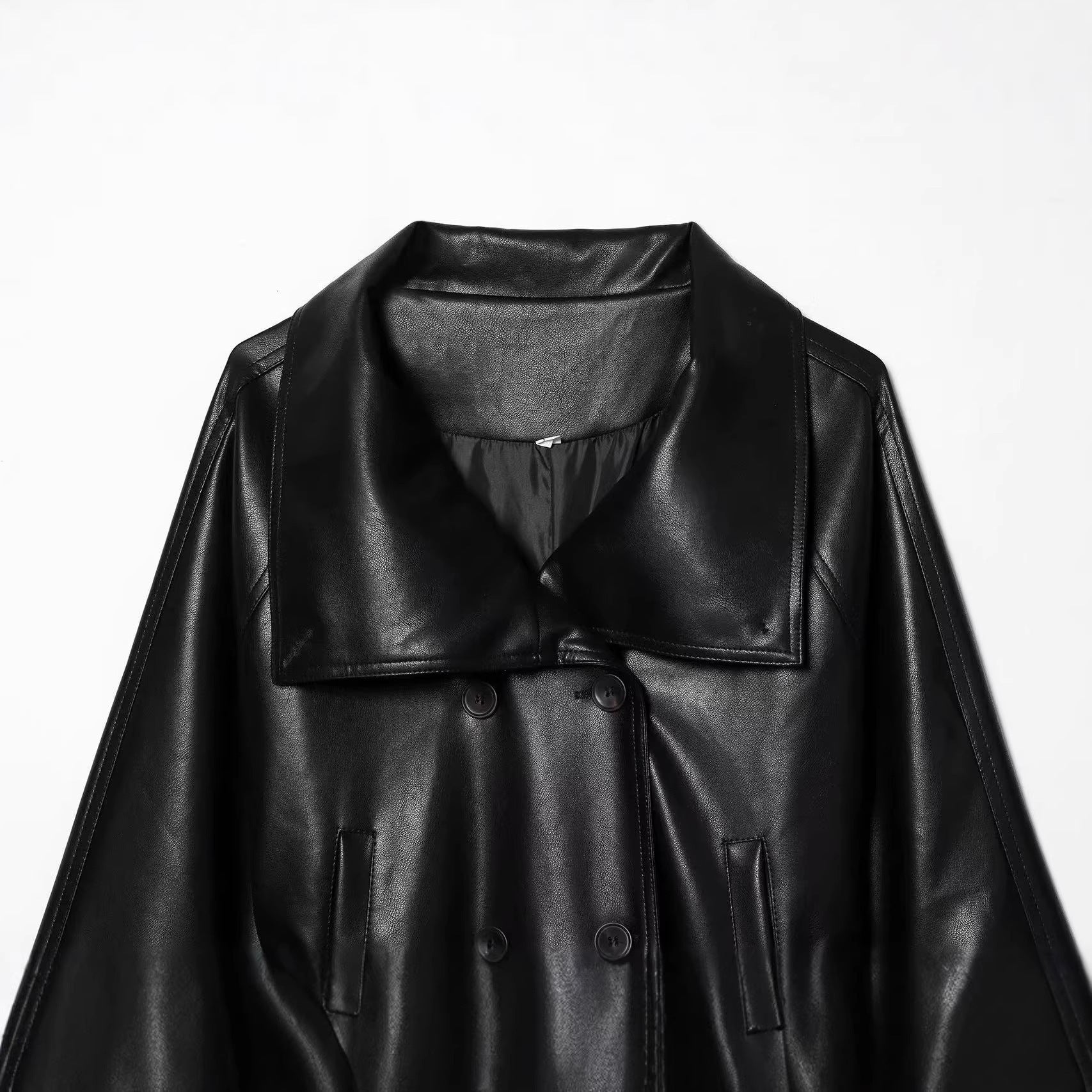 Women's Short Cut Double-Breasted Faux Leather Blouson with Waist Belt and Wide Lapel Collar Chichicherry
