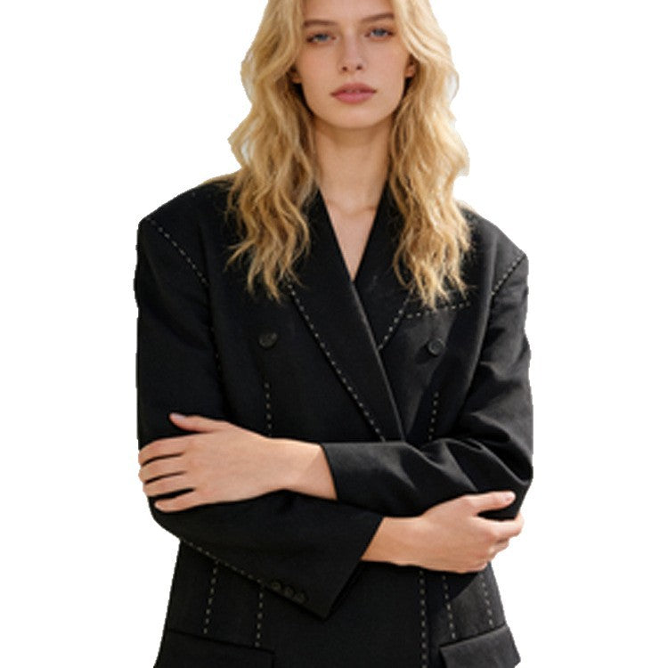 Women's Double-Breasted Oversized Blazer Coat with Distinctive Shoulder Area & Decorative Stitching Chichicherry