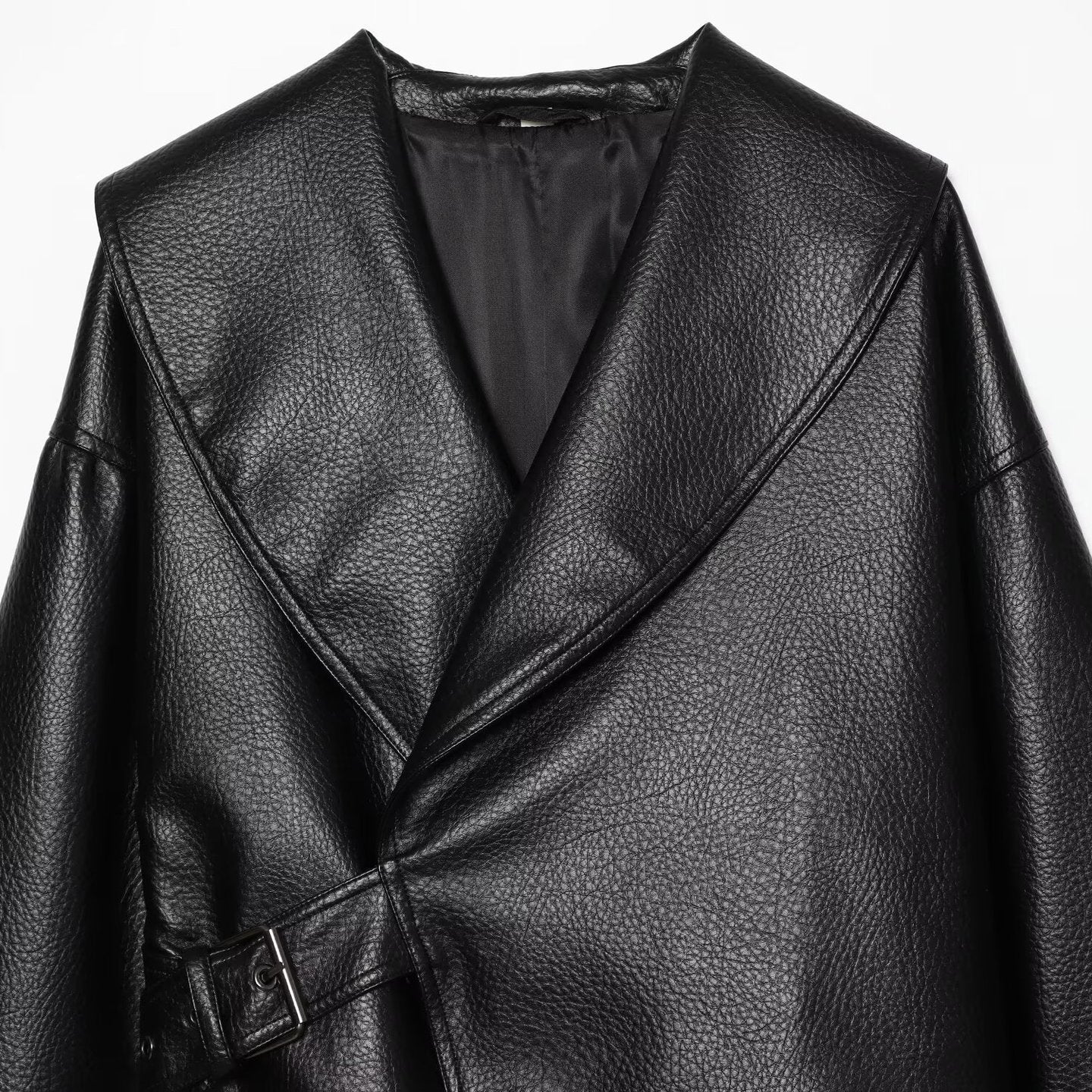 Women's Cropped Leather-Look Jacket with Oversized Shawl Collar and Tailoring Buckle Belt Chichicherry