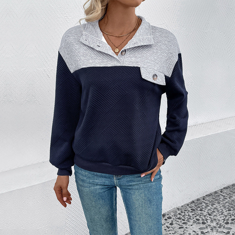 Women's Textured Colorblock Sweatshirt Pullover with Shirt Collar, Button Detail and Textured Knit Chichicherry