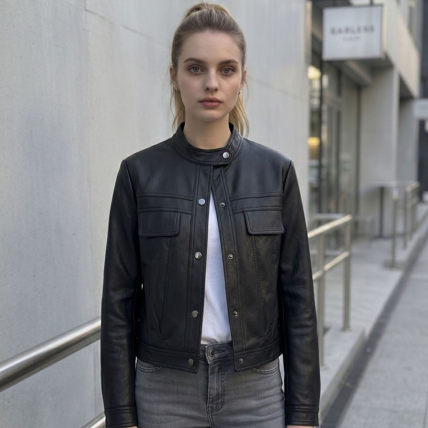 Women's Short Cut Leather Jacket with Stand-Up Collar and Flap Pockets Chichicherry