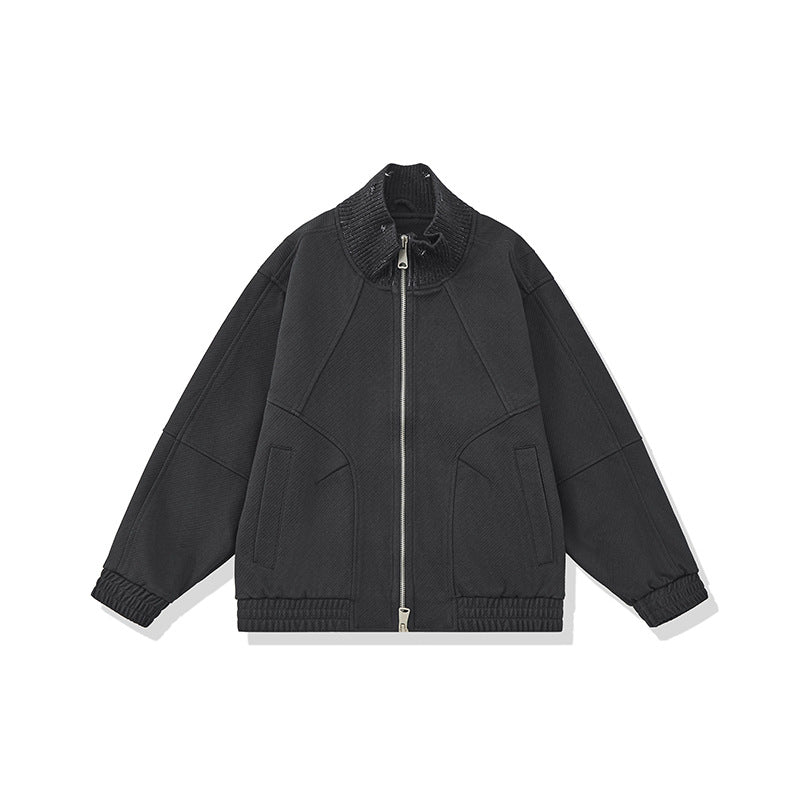 Unisex Boxy Knit Mix Transition Jacket with High Ribbed Collar and Elastic Hem Chichicherry