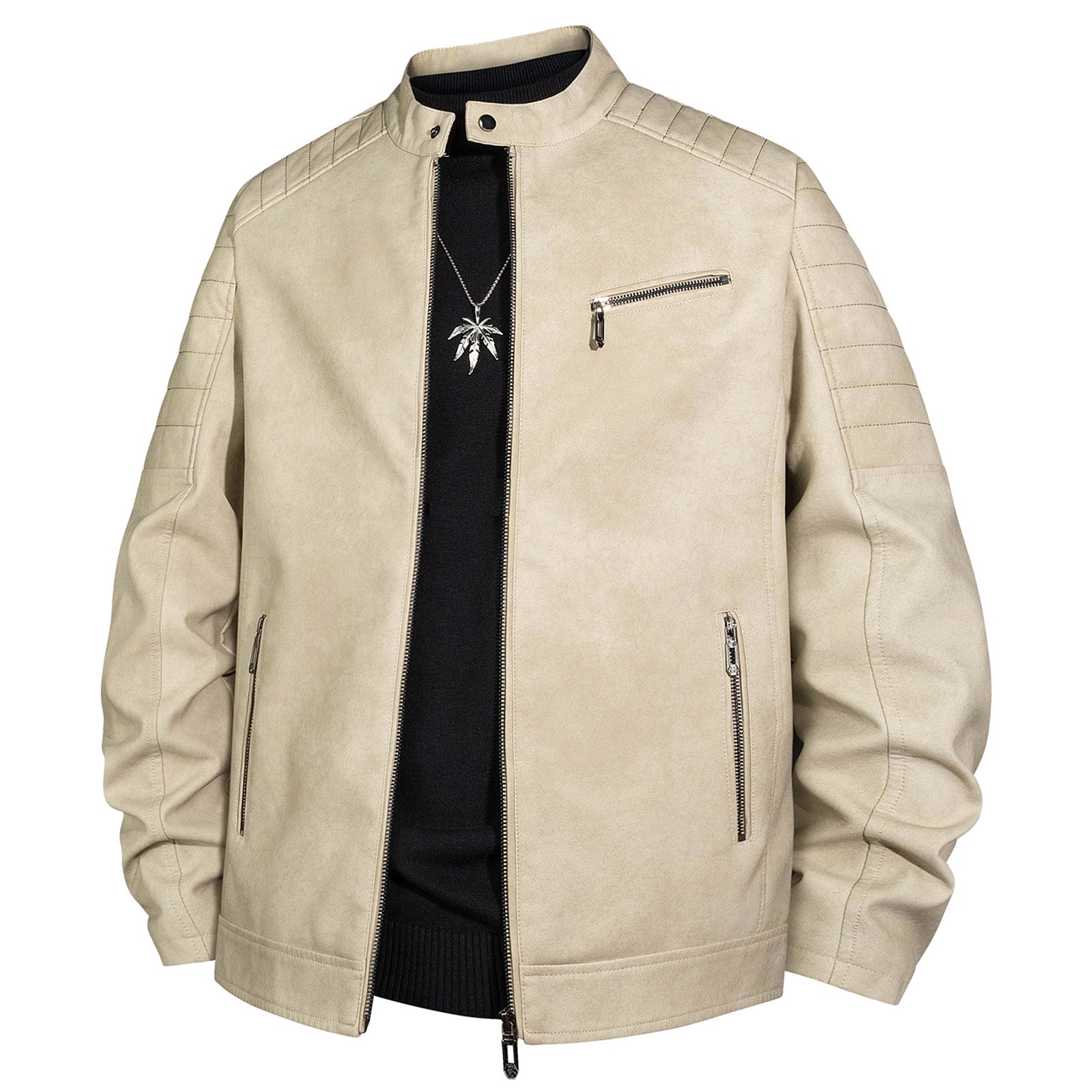 Men's biker jacket made of faux leather with stand-up collar and quilted shoulder Chichicherry
