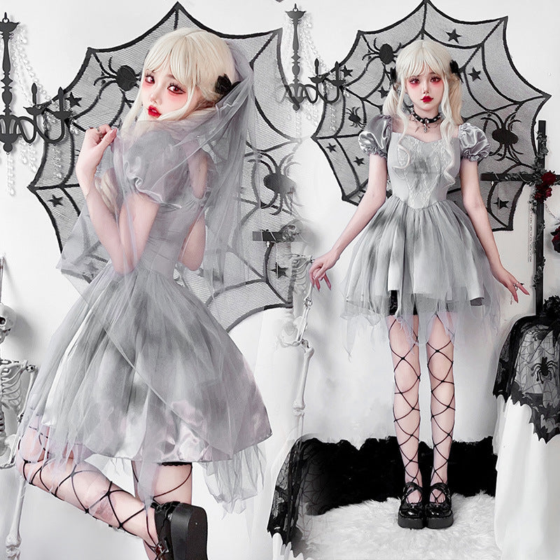 Women Gothic Wedding Dress with Tulle and Lace Decorations Chichicherry