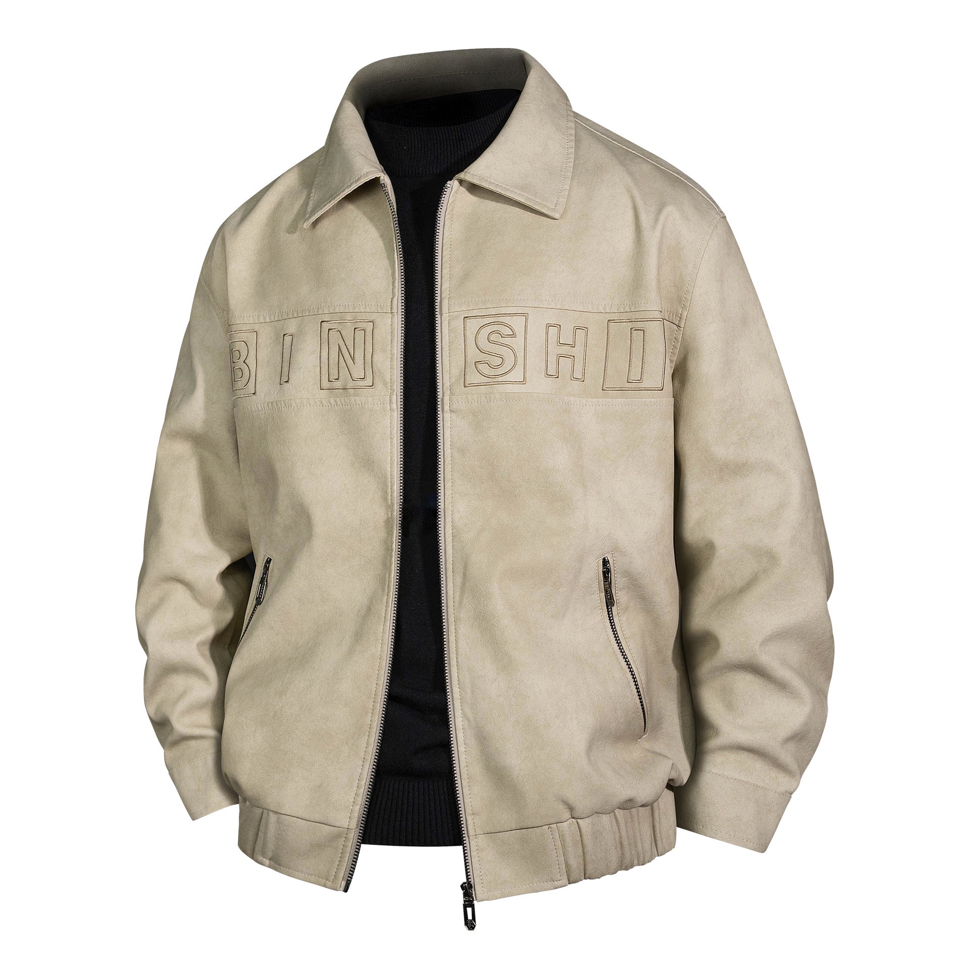 Men's Suede Look Bomber Jacket with Applied Logo and Zipper Chichicherry
