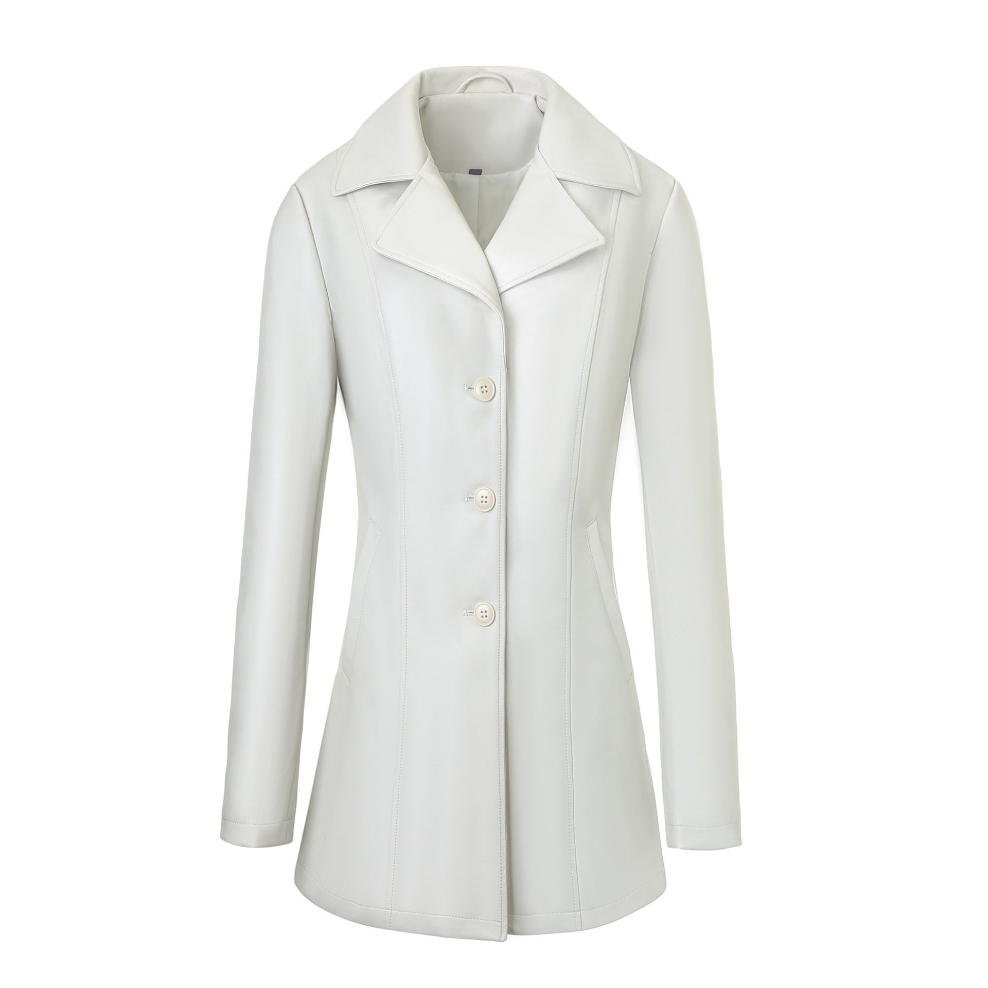 Women's Tailored Knee-Length Coat in Leather Look with Notched Collar and Shaped Seams Chichicherry