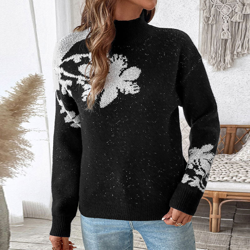 Women’s Floral Intarsia Knit Sweater with Stand-Up Collar and Loose Silhouette Chichicherry