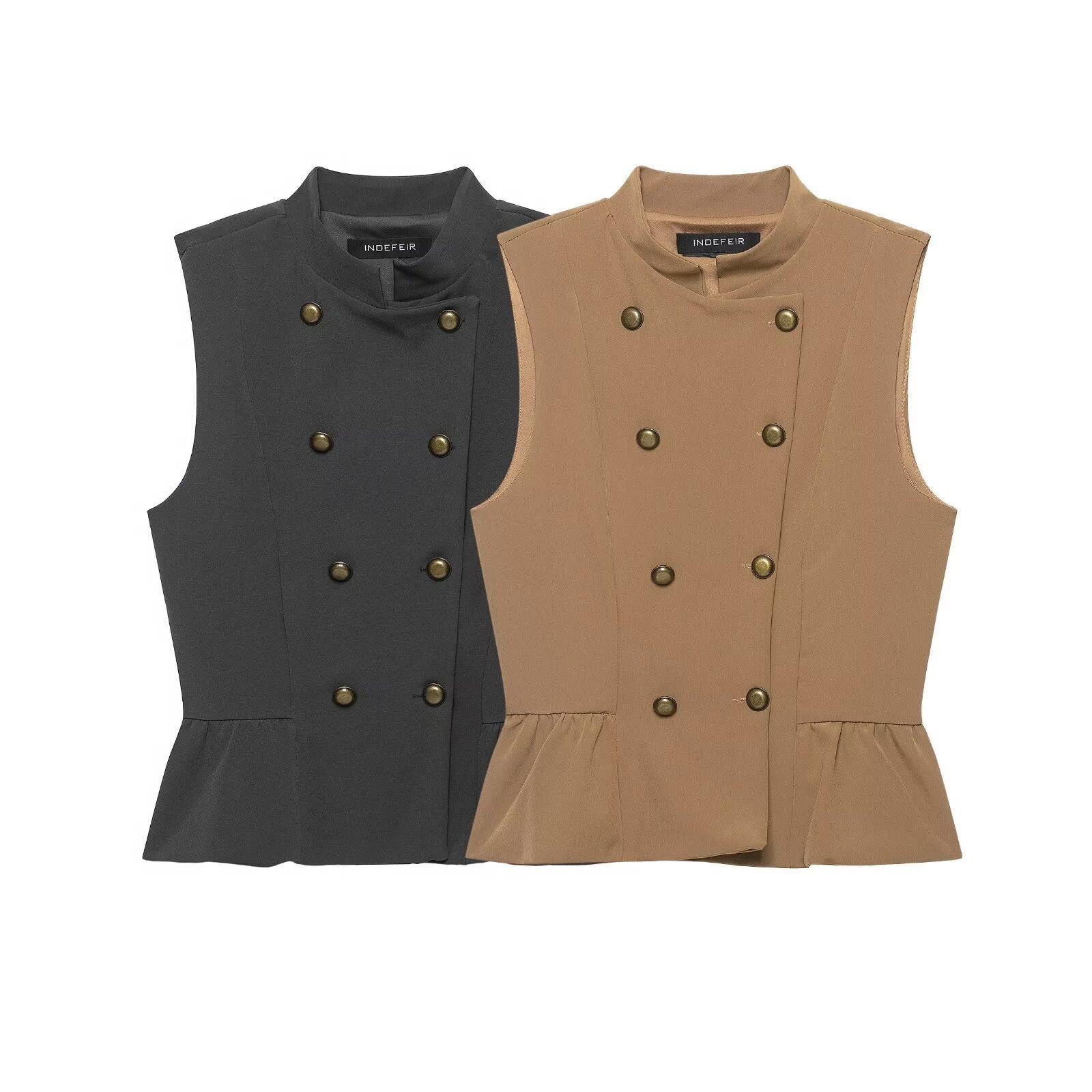 Women Double-Breasted Tailored Vest with Stand-up Collar and Waist Ruffle Chichicherry