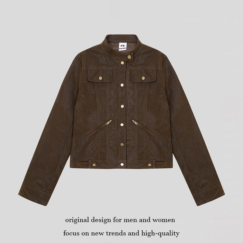 Women Short Cut Faux Leather Jacket in Vintage Moto Style Chichicherry