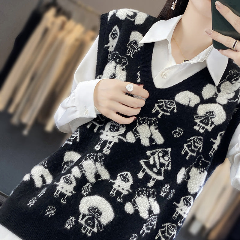 Women's Oversized Knit Vest with V-Neck and Playful Jacquard Motif Chichicherry
