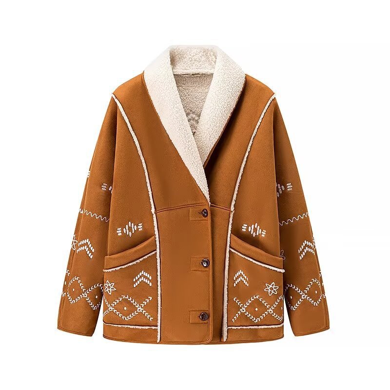 Women's Short Suede Jacket with Teddy Lining and Decorative Embroidery Chichicherry