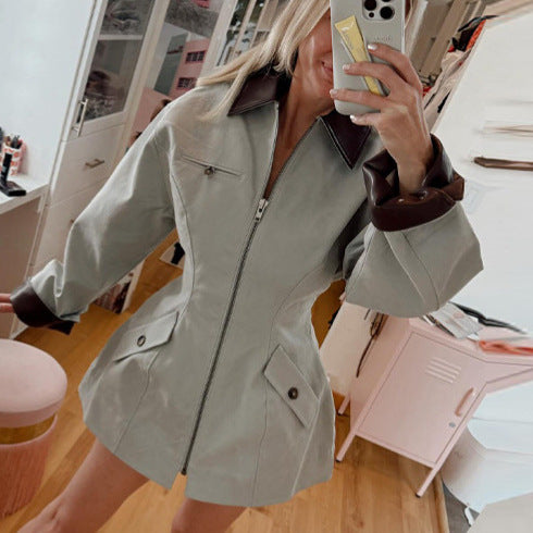 Women's Oversize Jacket in Leather Look with Contrasting Shirt Collar and Zipper Chichicherry