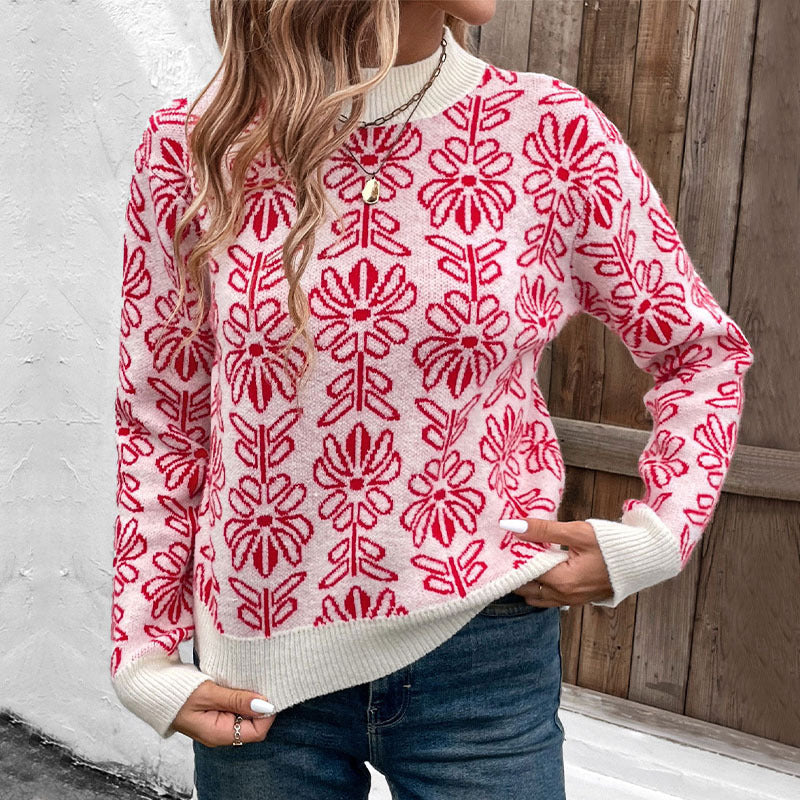 Women Knitted Jacquard Sweater with Floral Pattern and Ribbed Cuffs Chichicherry