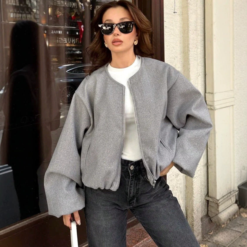 Women Short Cut Oversized Wool Blend Bomber Jacket with Balloon Sleeves and Zip Closure Chichicherry