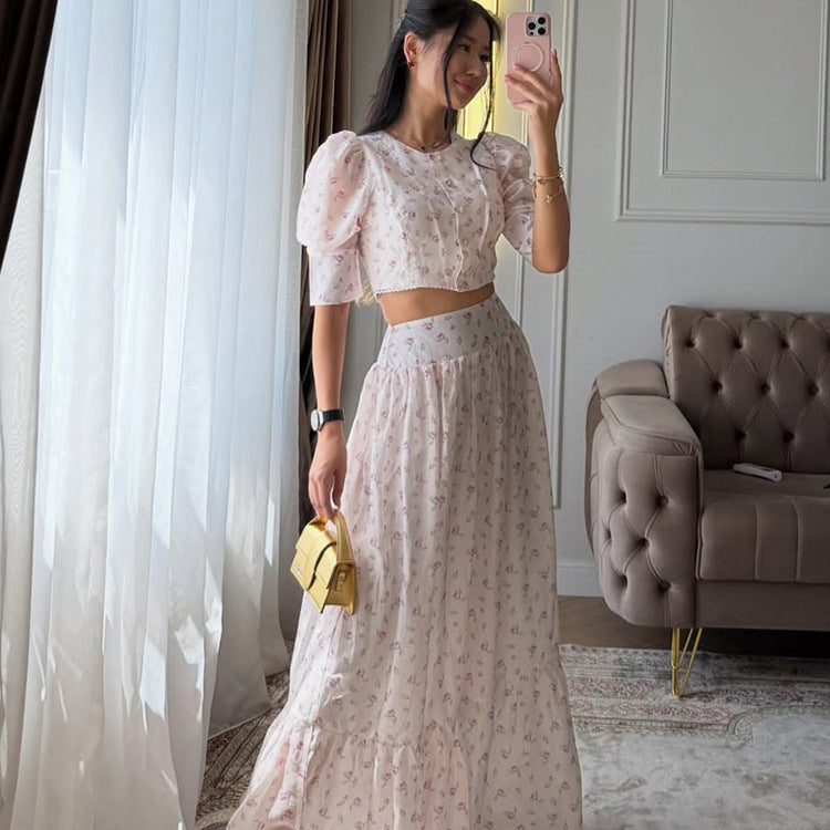 Women's Two-Piece Chiffon Set with Cropped Puff Blouse and Tiered Maxi Skirt Chichicherry