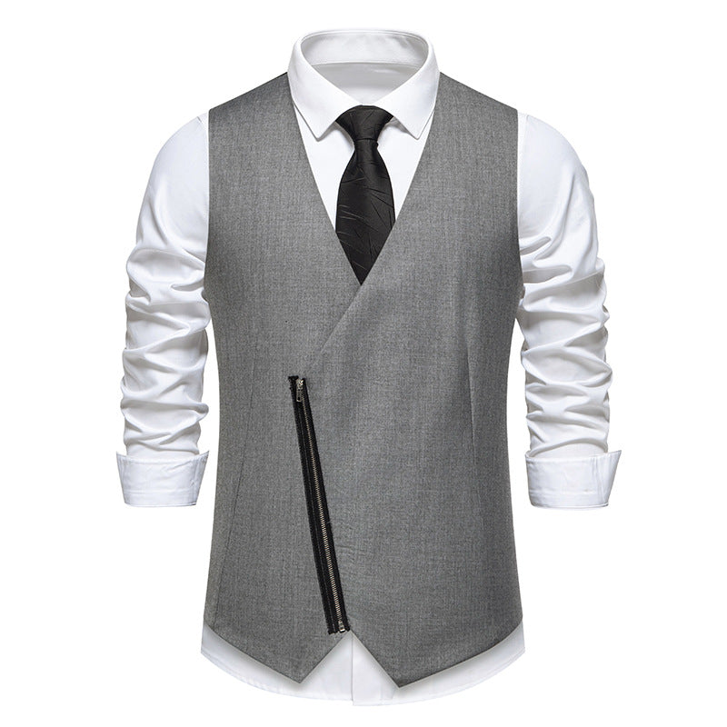 Men's Tailored Vest with Asymmetric Zipper and V-Neck Chichicherry