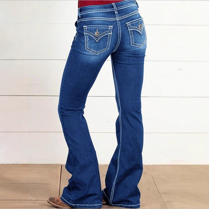 Women's High-Waisted Flared Jeans with Decorative Metal Buttons and Contrast Stitching Chichicherry
