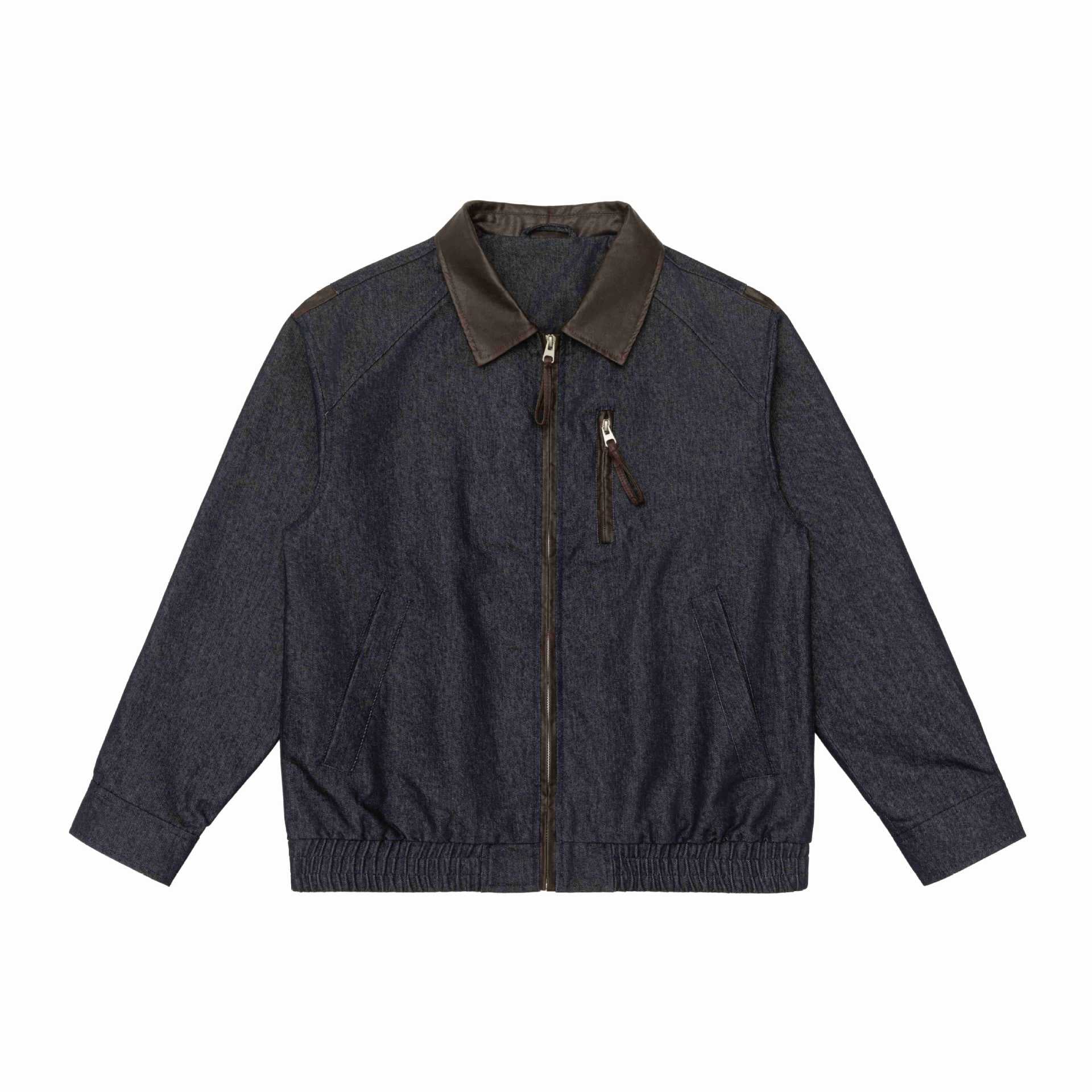 Men's short jacket in boxy cut made of wool-denim mix with leather-trimmed collar and vertical zippered chest pocket Chichicherry