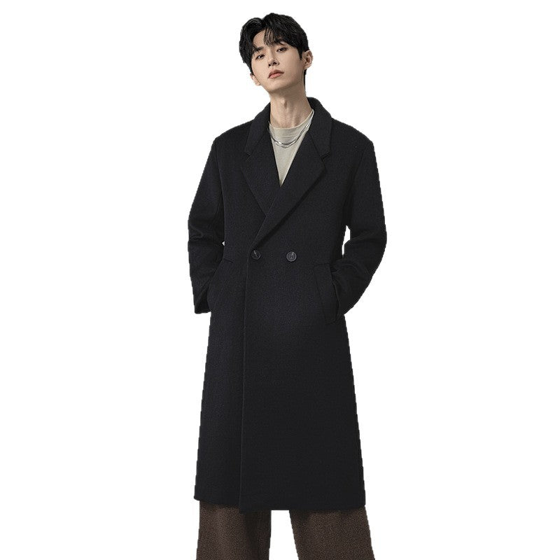 Men's Elegant Long Wool Blend Coat with Downfall Shawl Collar and Clean Single Breasted Chichicherry