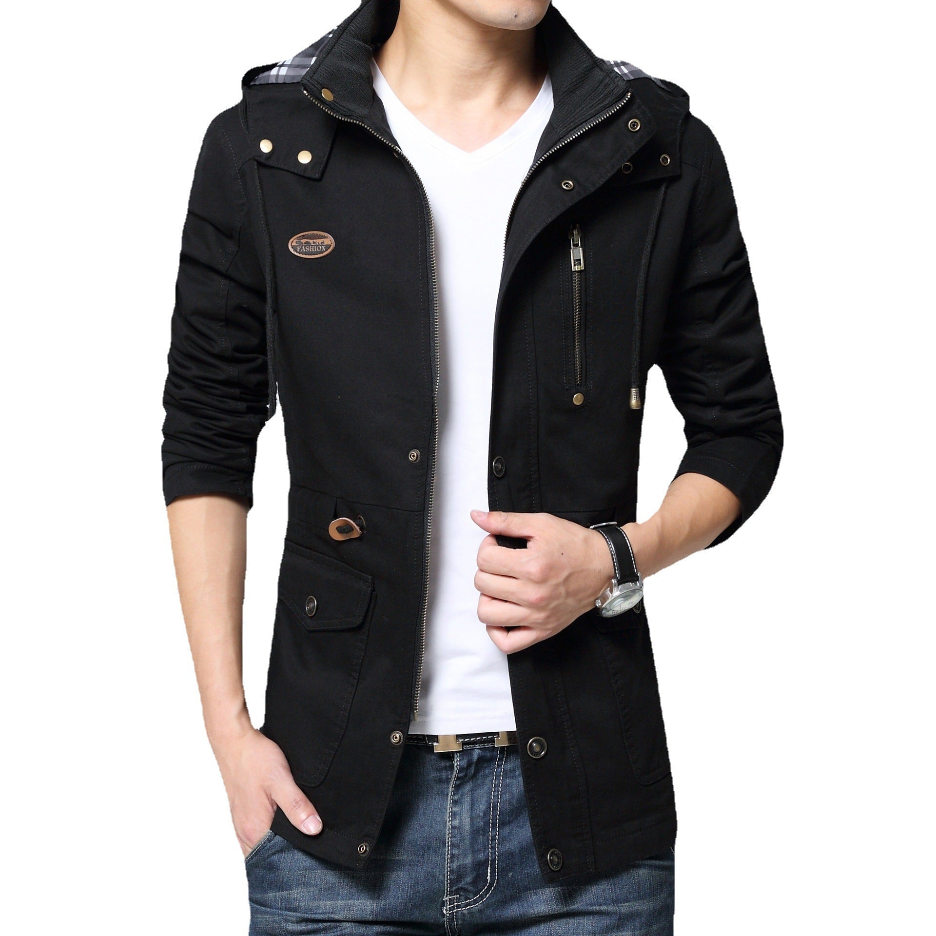 Men's lightweight cotton military parka with hood, drawstring waist, and concealed zipper Chichicherry