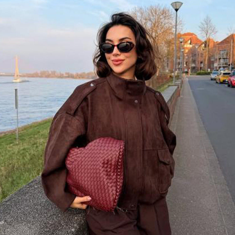 Women's Oversized Suede Bomber with Shoulder Epaulettes, Flap Pockets and High Stand-Up Collar Chichicherry