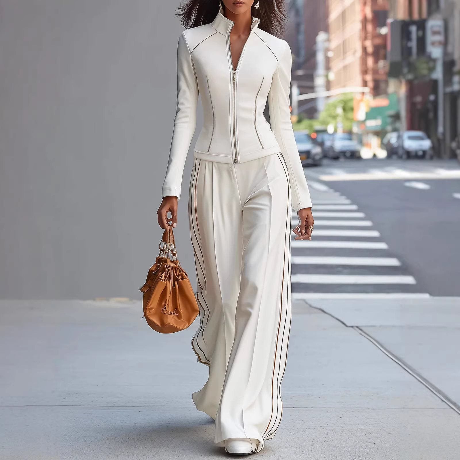 Women's Tailored Stand-Up Collar Blouson with Zipper and Wide Palazzo Pants with Piping Chichicherry