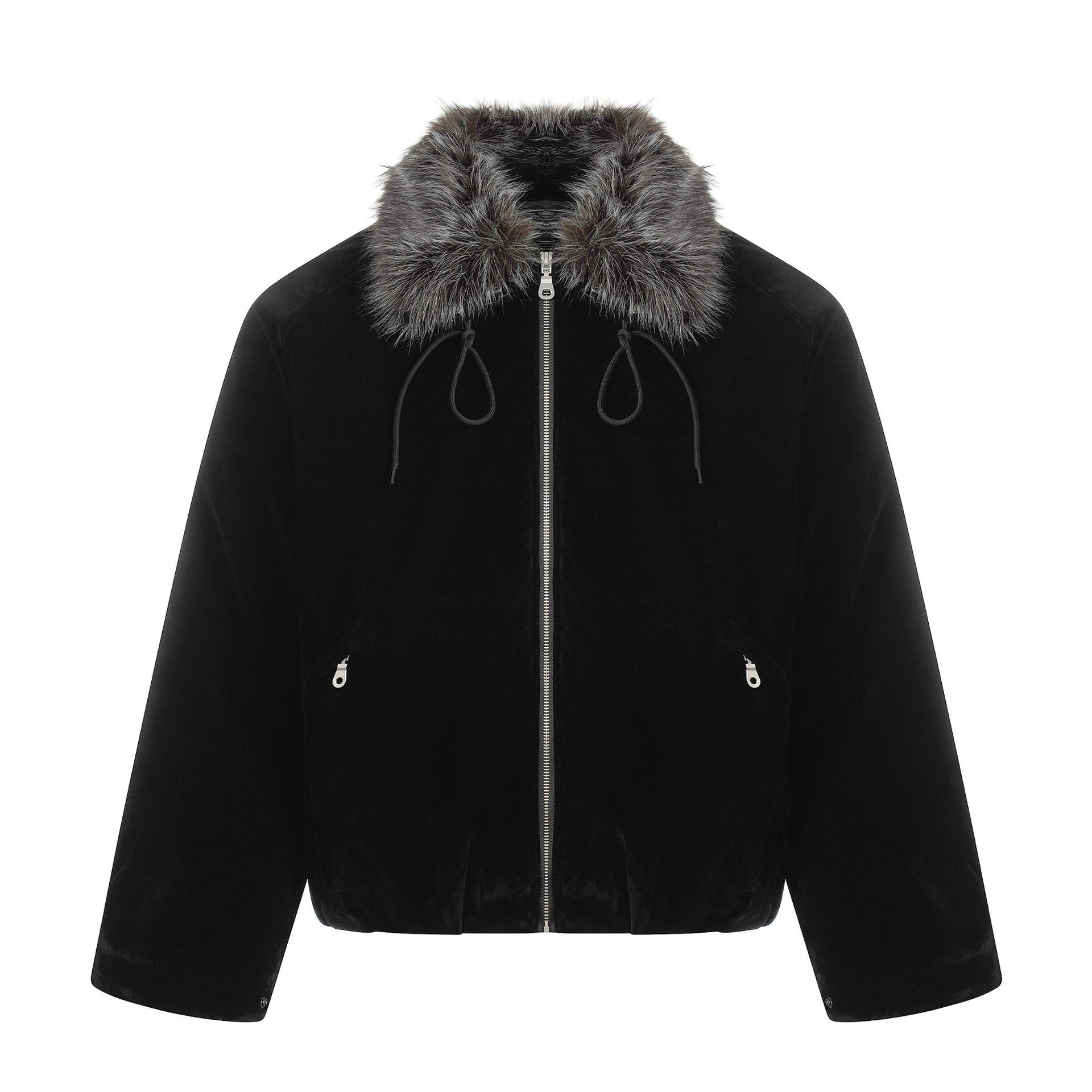 Men's Suede Bomber Jacket with Detachable Faux Fur Collar and Drawstring Chichicherry