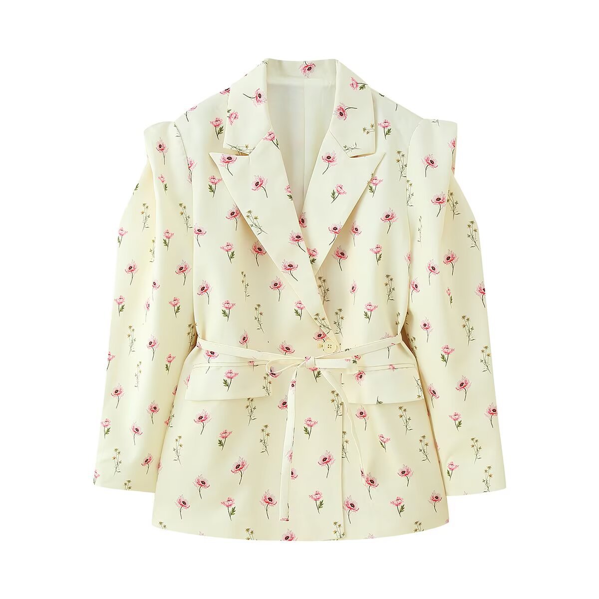 Women's Off-Shoulder Blazer with Waist Belt and Flap Pockets Chichicherry