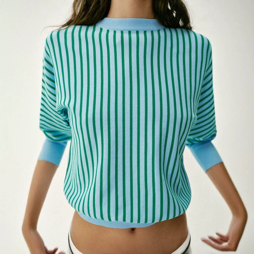 Women's Short-Cut Striped Fine Knit Sweater with Extended Ribbed Sleeves Chichicherry