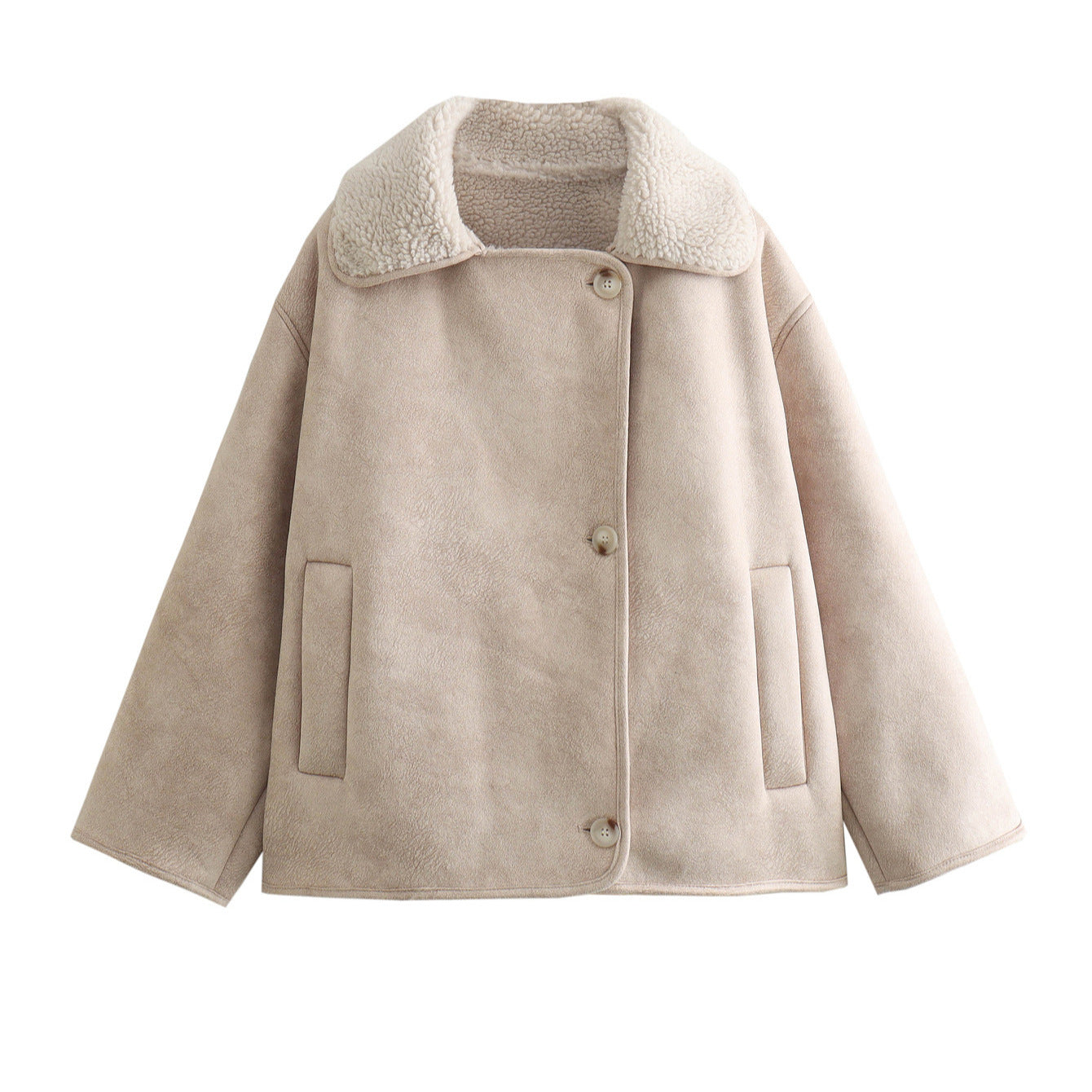 Ladies short jacket in lamb fur look with shawl collar and side patch pockets Chichicherry