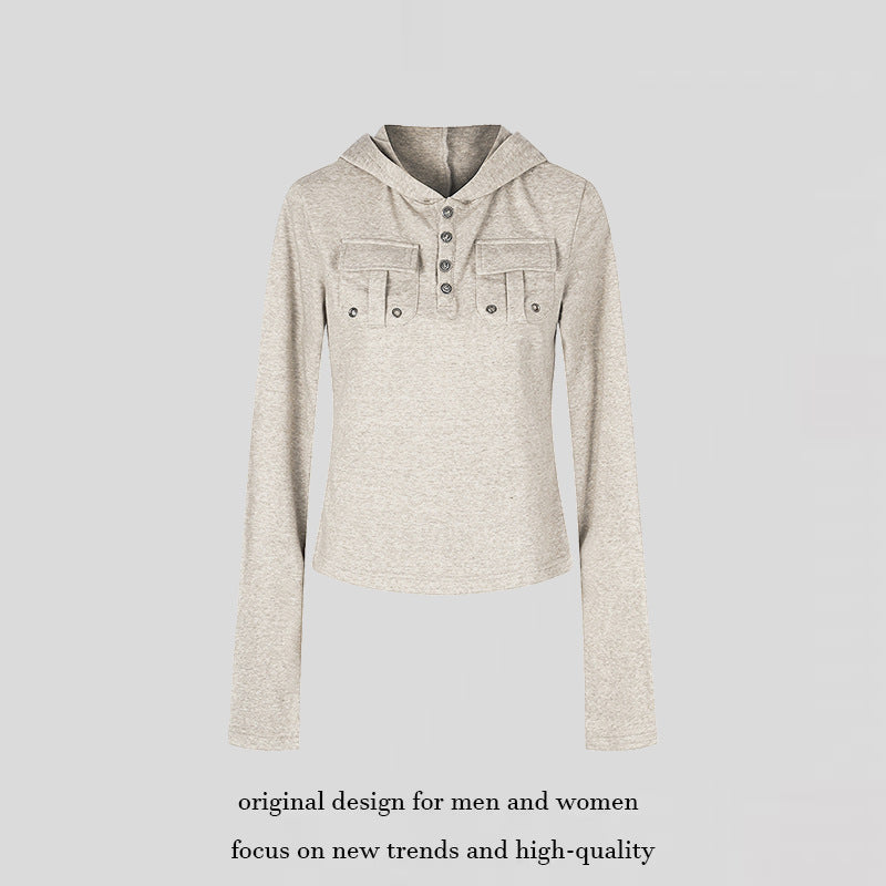 Women's Lightweight Hoodie Long Sleeve Shirt with Henley Button Placket and Patch Chest Pockets Chichicherry