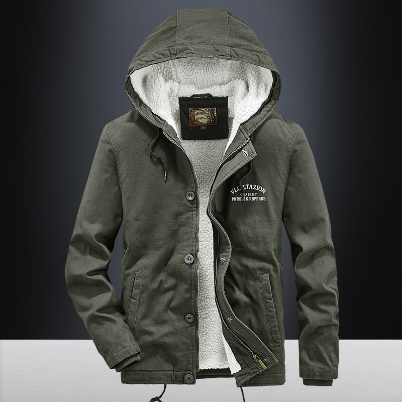 Men's canvas hooded jacket with full teddy lining, two-way zipper and drawstring hem Chichicherry
