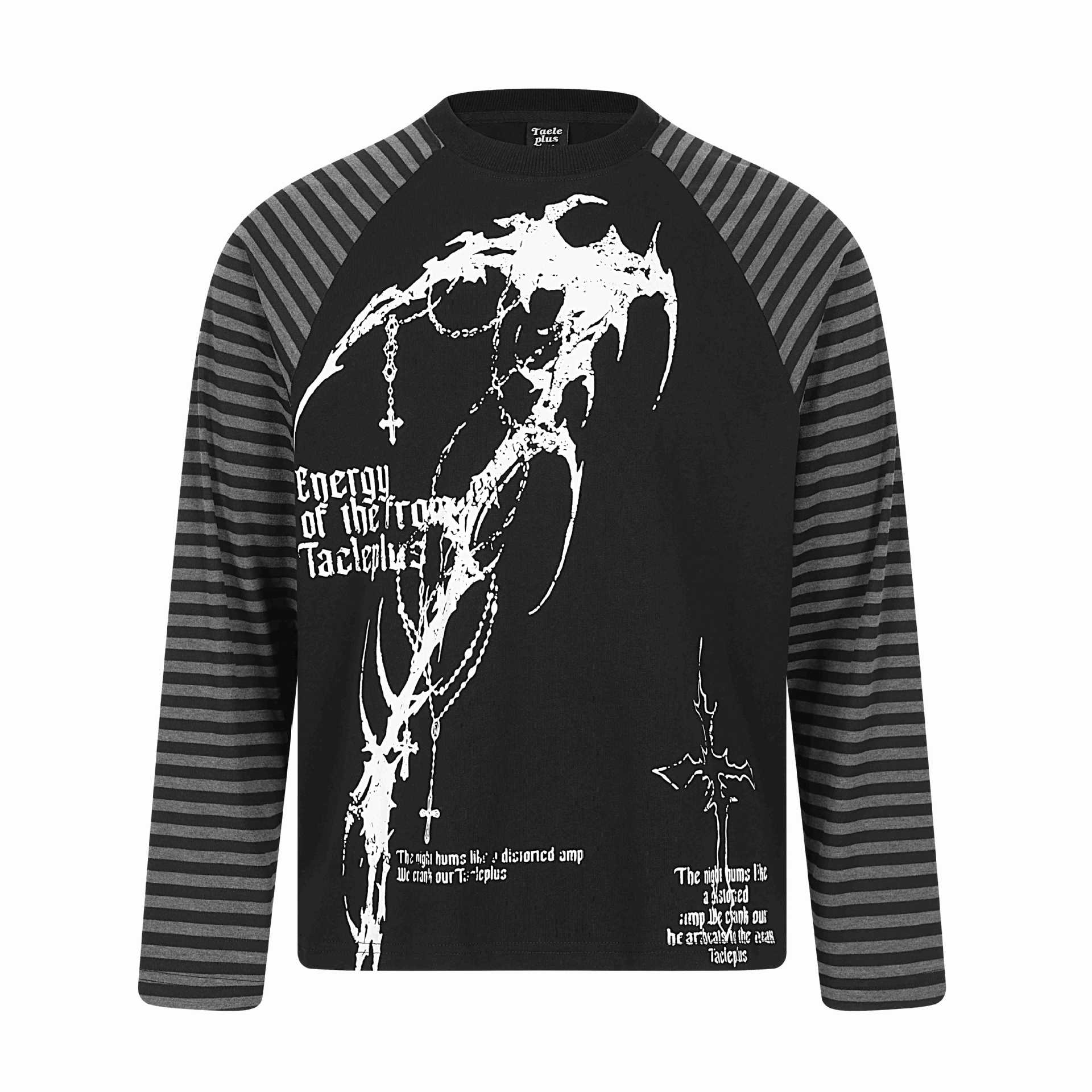 Unisex long sleeve shirt in raglan style with gothic print and striped sleeves Chichicherry