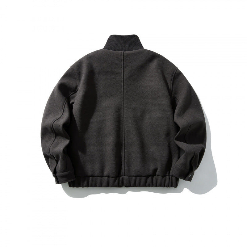 Unisex Boxy-Wool Blend Jacket with Stand-Up Collar and Elastic Hem Chichicherry