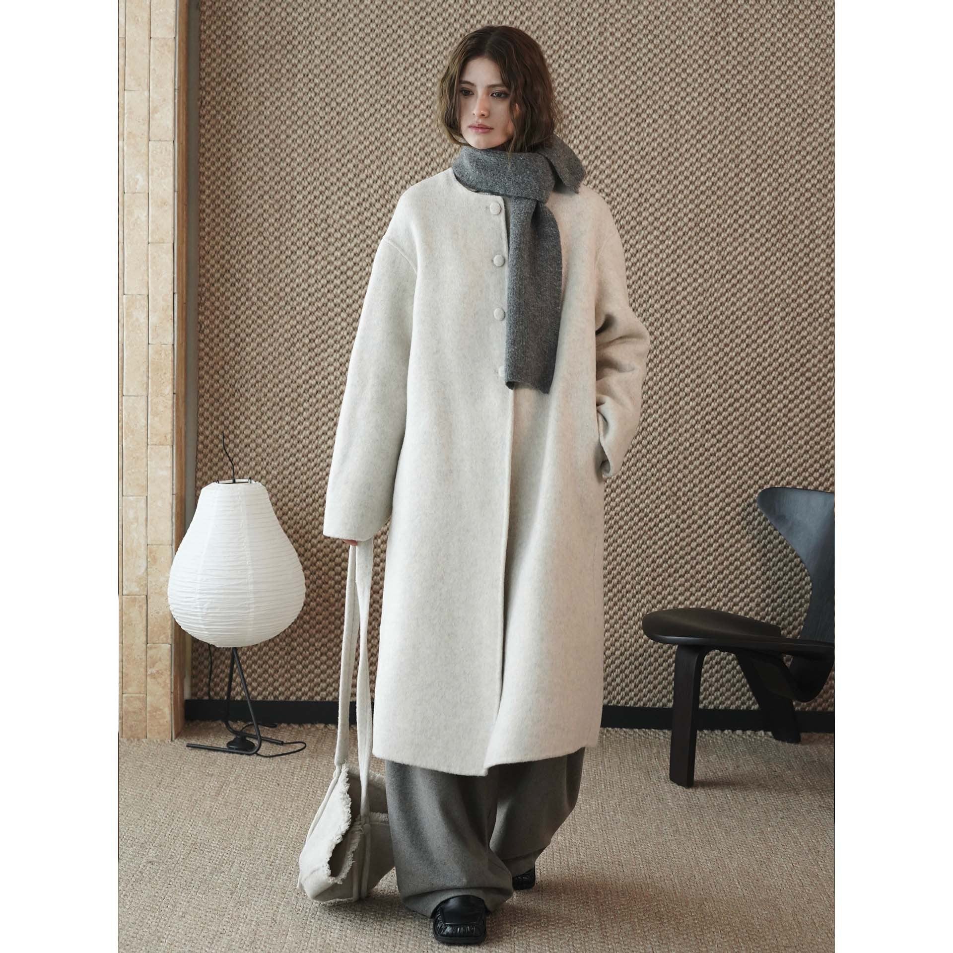 Women Oversize Wool Blend Coat with Concealed Button Placket and Soft Collar Chichicherry