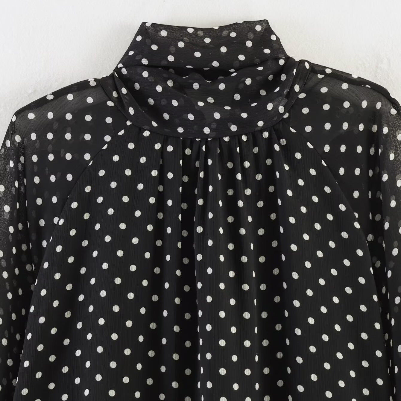 Women's Polka Dot Blouse with High Stand Collar, Ruffled Neckline and Balloon Sleeves Chichicherry