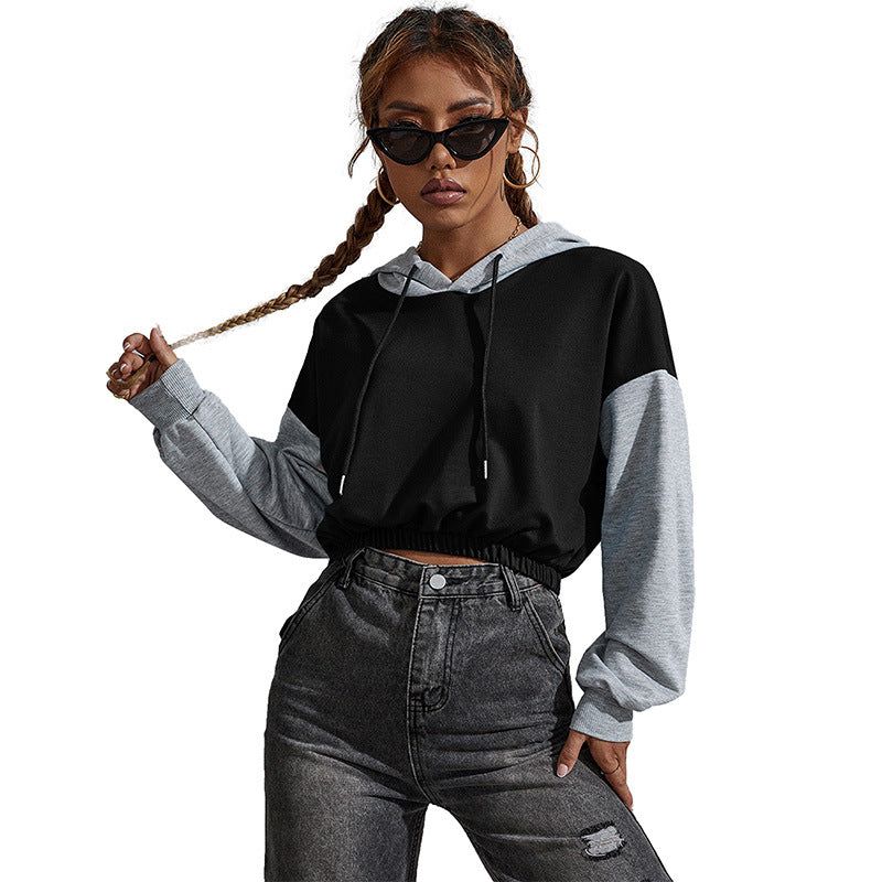 Women's Cropped Hoodie with Color Block, Drawstring and Elastic Hem Chichicherry