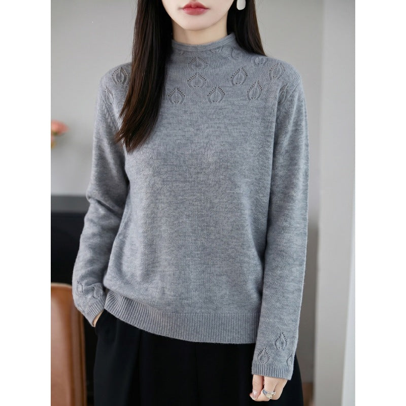 Ladies Light Stand Collar Sweater with Floral Yoke and Fine Ribbed Edge Chichicherry