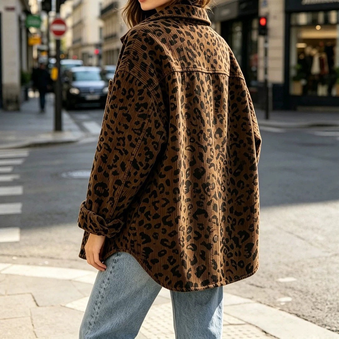 Women's Oversize Cord Shirt Jacket with Leopard Print and Snap Buttons Chichicherry
