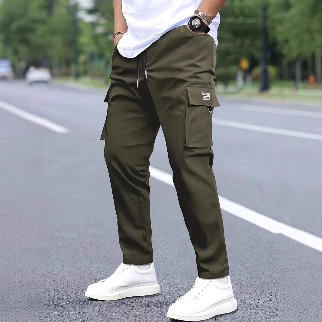 Men's Slim-Tapered Cargo Jogging Pants with Drawstring Waist, Flap Pockets and Metal Ring Detail Chichicherry