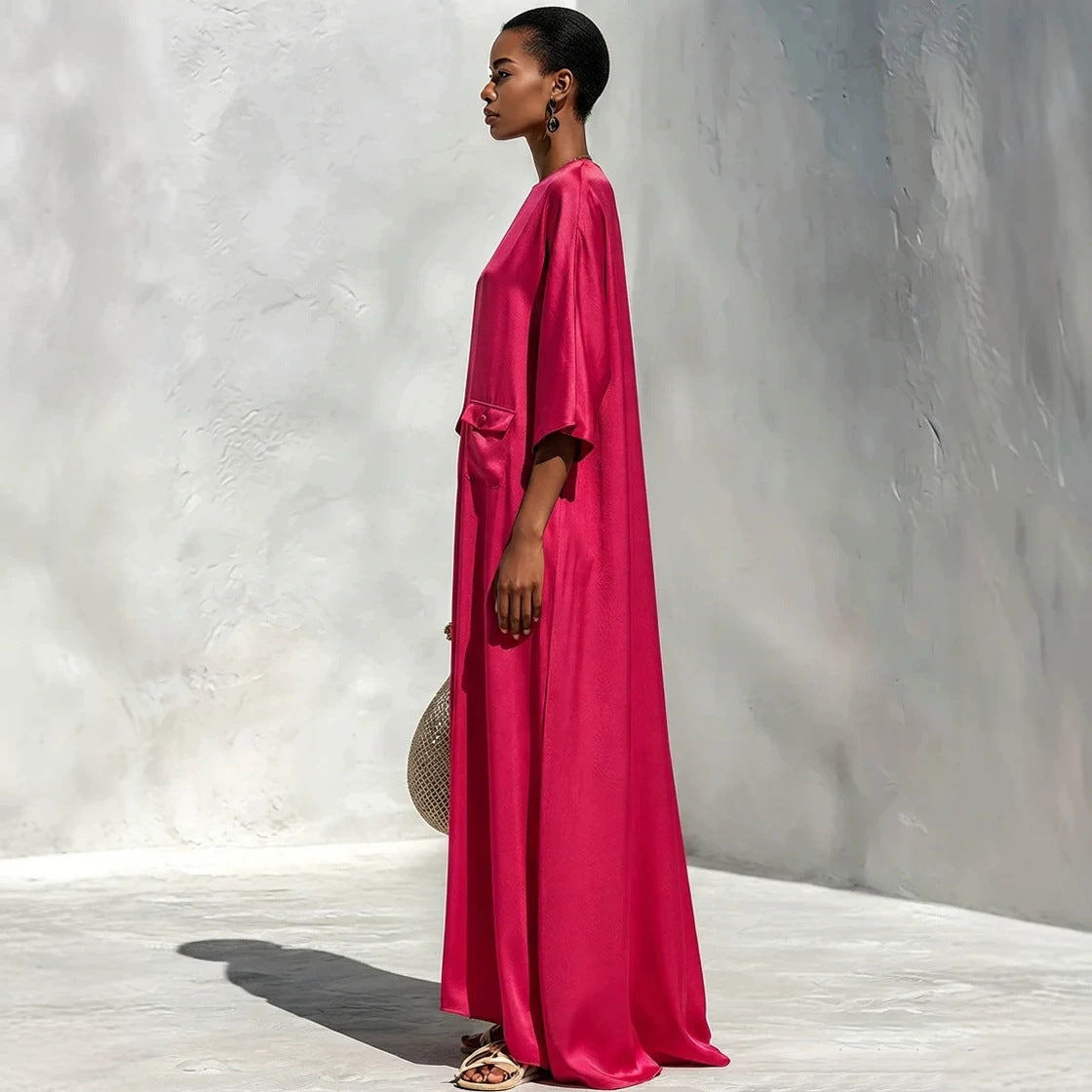 Women's Flowing Maxi Dress with Oversized Kaftan Cut and Patch Pockets Chichicherry