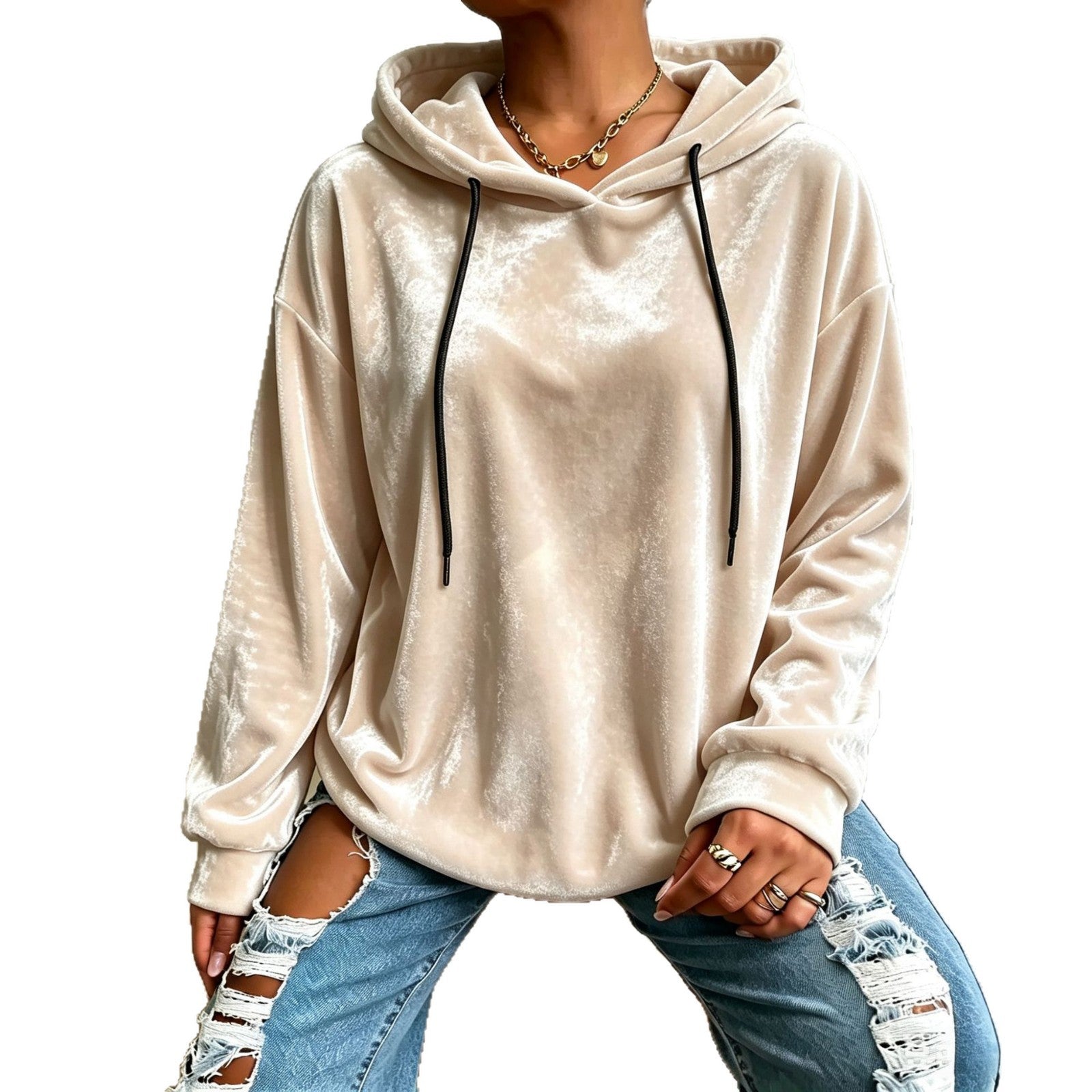 Women Oversize Velvet Hoodie with Drawstring and Drop-Shoulder Chichicherry
